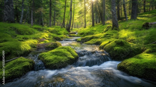 A serene stream flowing through a lush green forest with moss-covered rocks and sunlight filtering through trees.