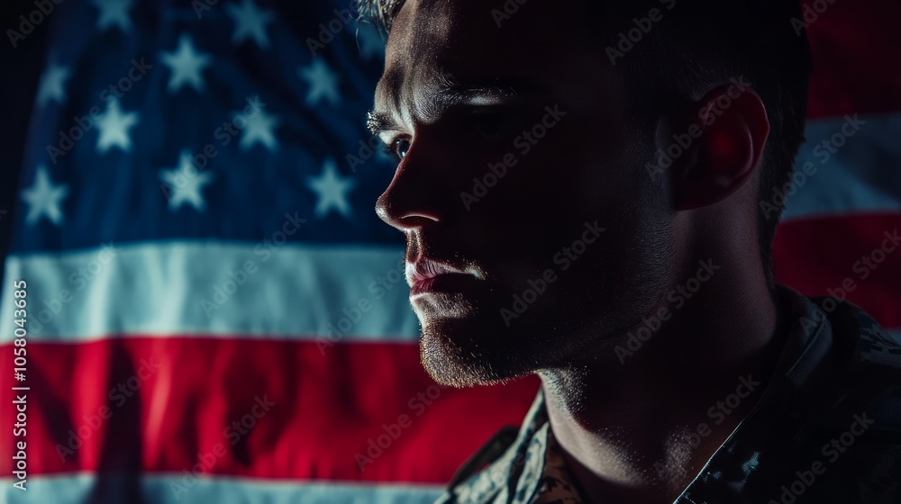 Profile of a Soldier Against the American Flag Profile of a Soldier Against the American Flag