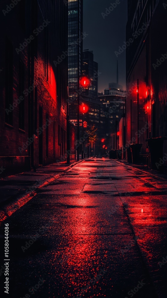 Neon-lit Alleyway at Night with Reflective Puddles