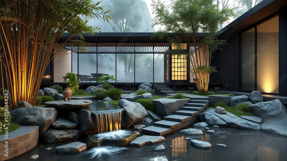 Fototapeta premium Premium minimalist house designs featuring zen elements peaceful atmosphere and balanced architecture with natural elements showcasing modern luxury living spaces and harmonious lifestyle environments