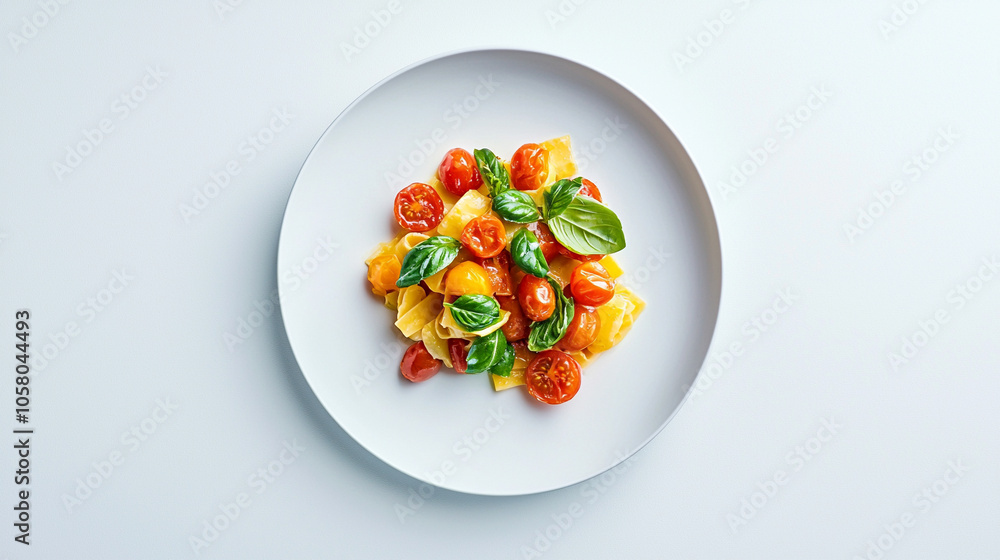 Minimalist Top-Down View of Pasta with Cherry Tomatoes and Basil Minimalist Top-Down View of Pasta with Cherry Tomatoes and Basil