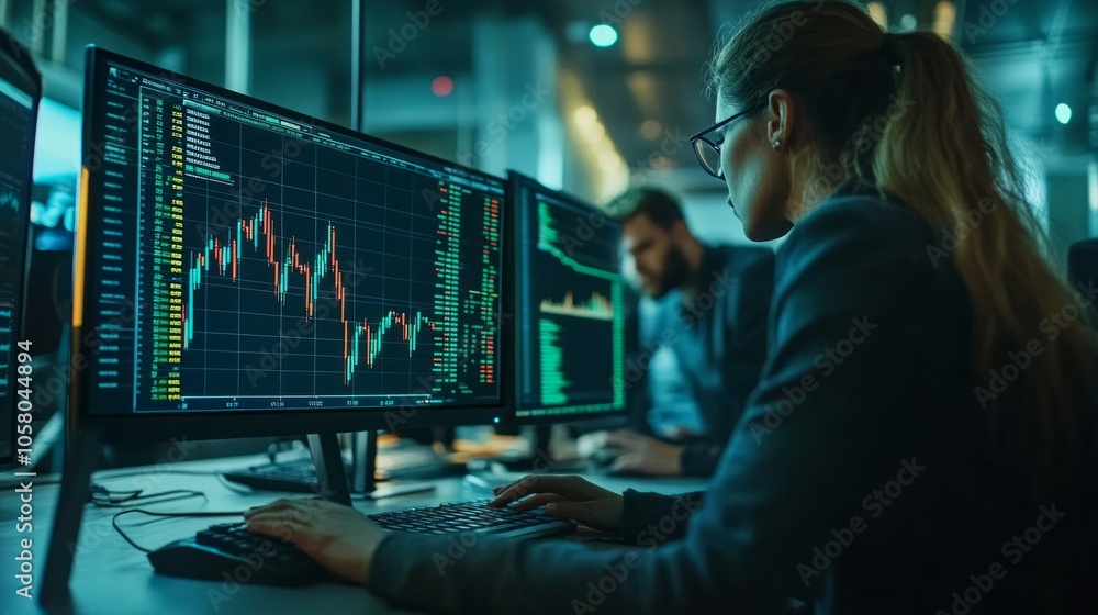Stock traders pointing highest stock market on dynamic valued analysis on monitor real time screen, cooperating business investment in financial company to plan successful stock exchange. Sellable. Stock traders pointing highest stock market on dynamic valued analysis on monitor real time screen, cooperating business investment in financial company to plan successful stock exchange. Sellable.