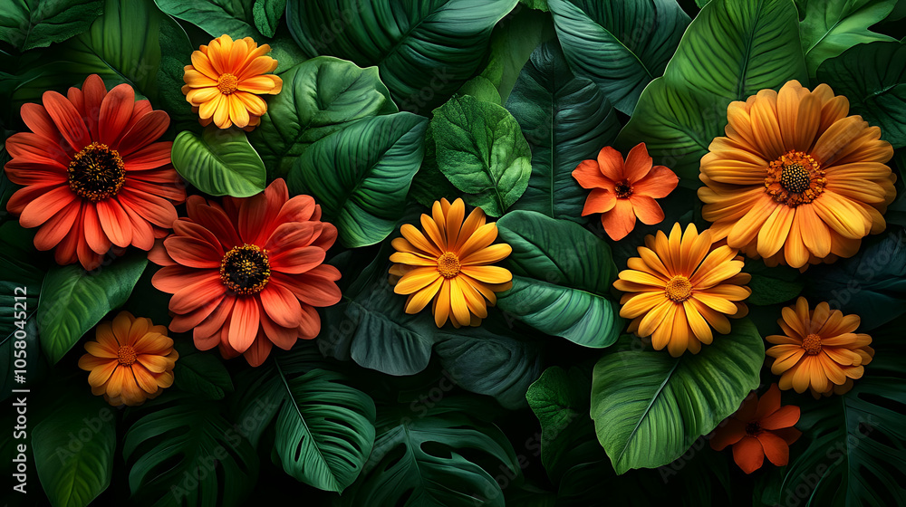 Tropical Flowers and Green Leaves Illustration Tropical Flowers and Green Leaves Illustration