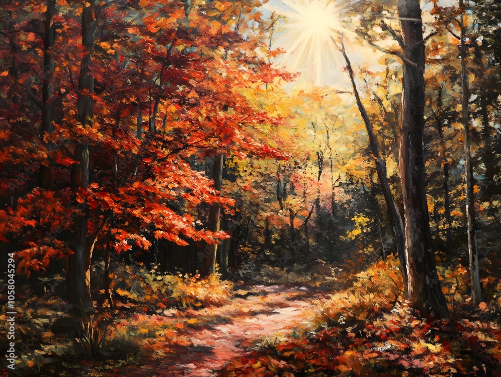 A sunlit forest with bright red orange and yellow leaves A sunlit forest with bright red orange and yellow leaves