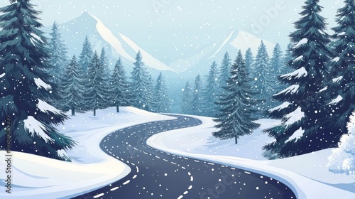 Serene Winter Scene with Snowy Mountains and Curved Road