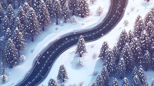 Aerial View of a Winding Road Through a Snowy Forest Landscape
