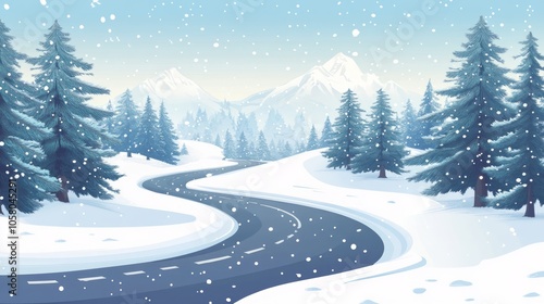 Serene Winter Landscape with Snow-Covered Road and Evergreen Trees