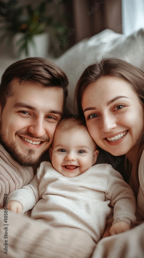 Happy Family Portrait with Smiling Parents and Baby at Home Happy Family Portrait with Smiling Parents and Baby at Home