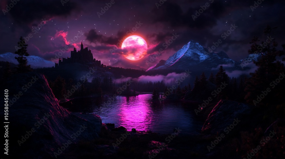 A dramatic landscape with a large, blood-red moon rising behind a silhouette of a castle and mountains, reflecting in a lake in the foreground. A dramatic landscape with a large, blood-red moon rising behind a silhouette of a castle and mountains, reflecting in a lake in the foreground.