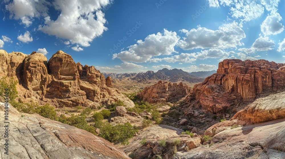 Expansive Desert Landscape with Dramatic Rock Formations and Vibrant Sky Expansive Desert Landscape with Dramatic Rock Formations and Vibrant Sky