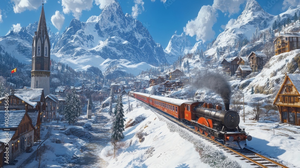 A train decorated for Christmas travels across a wintry landscape, evoking the spirit of the holiday. A train decorated for Christmas travels across a wintry landscape, evoking the spirit of the holiday.