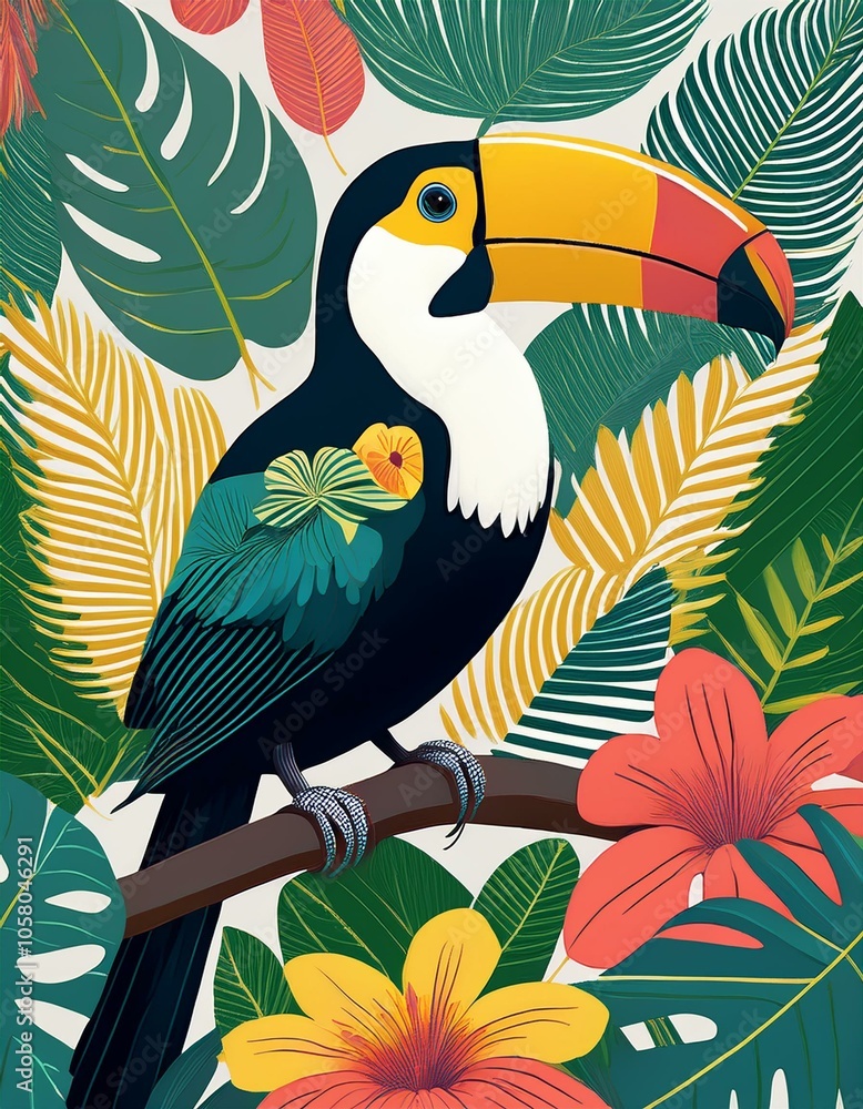 A toucan perched on a branch surrounded by lush tropical foliage, vibrant flowers and a white background. A toucan perched on a branch surrounded by lush tropical foliage, vibrant flowers and a white background.