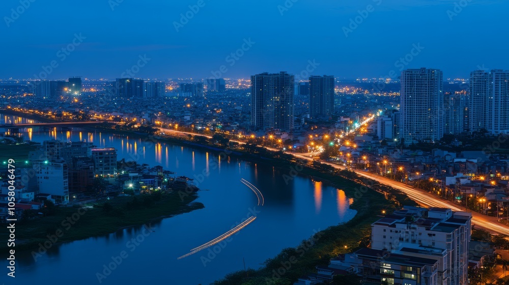 Naklejka premium Serene Cityscape at Dusk with Illuminated River and Skyscrapers