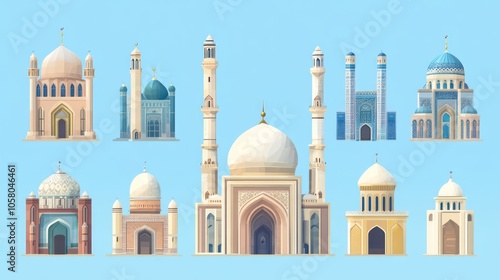 Illustrated Architectural Landmarks with Domes and Minarets