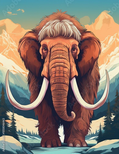 A large, furry mammoth with long tusks stands in a mountain landscape. photo