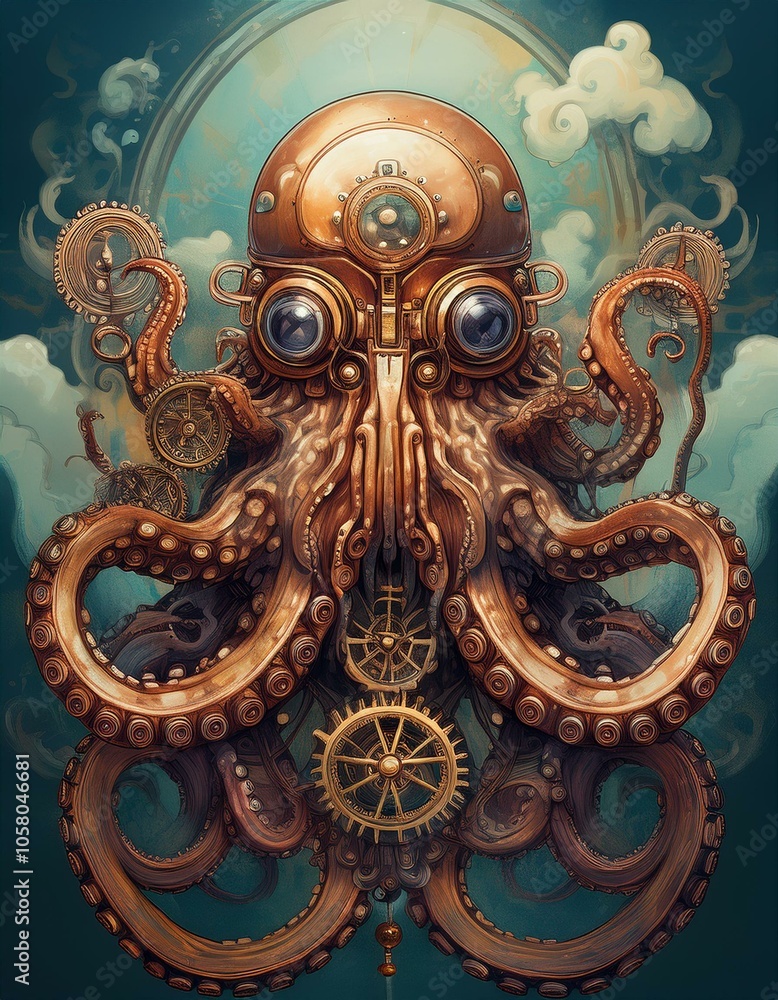 A steampunk-style octopus with intricate gears and clockwork details, set against a swirling teal background. A steampunk-style octopus with intricate gears and clockwork details, set against a swirling teal background.