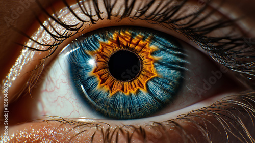 Close-up of blue human eye with intricate iris patterns 