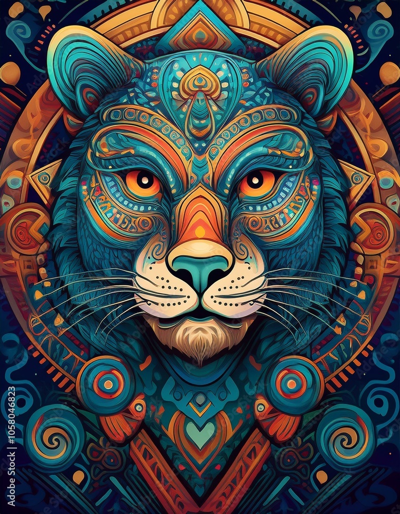 Vibrant, abstract artwork of a blue and orange cat's face with intricate patterns. Vibrant, abstract artwork of a blue and orange cat's face with intricate patterns.
