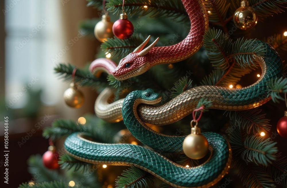 part of Christmas tree (new year) decorated with a snakes, background, copy space part of Christmas tree (new year) decorated with a snakes, background, copy space