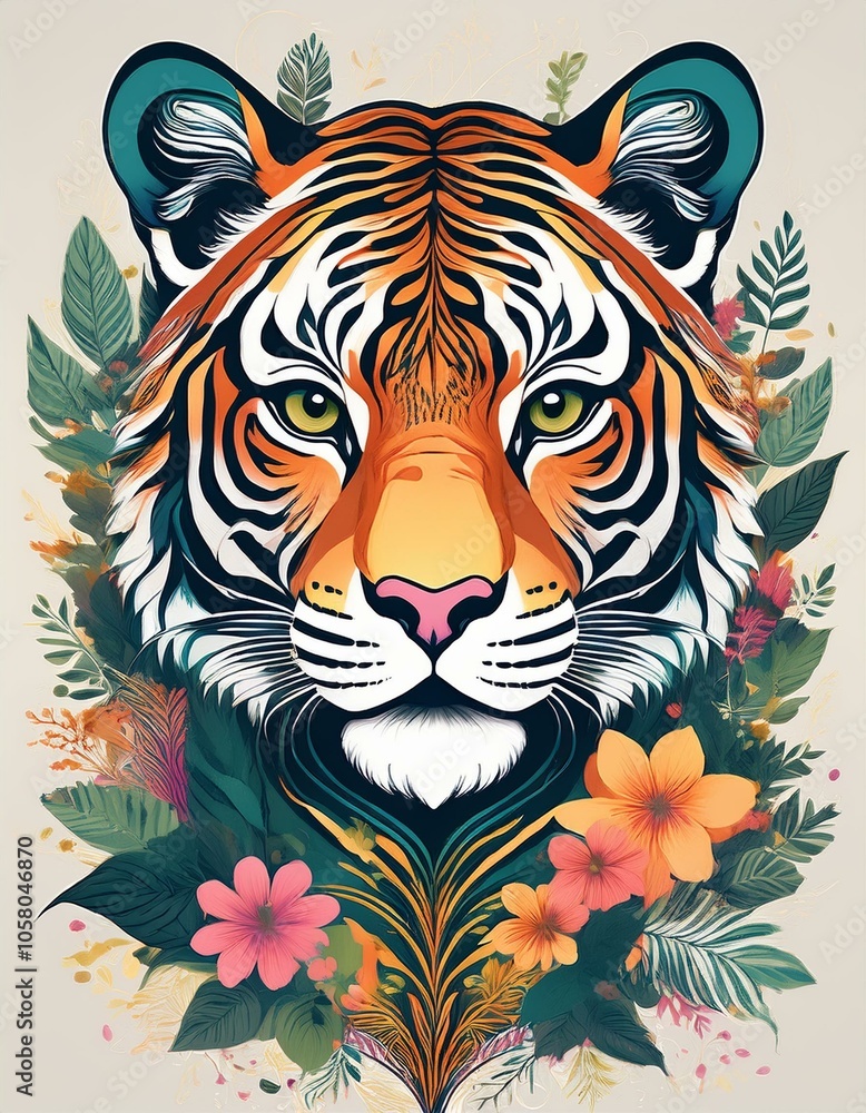 Close-up of a tiger's face with vibrant flowers surrounding it. Close-up of a tiger's face with vibrant flowers surrounding it.