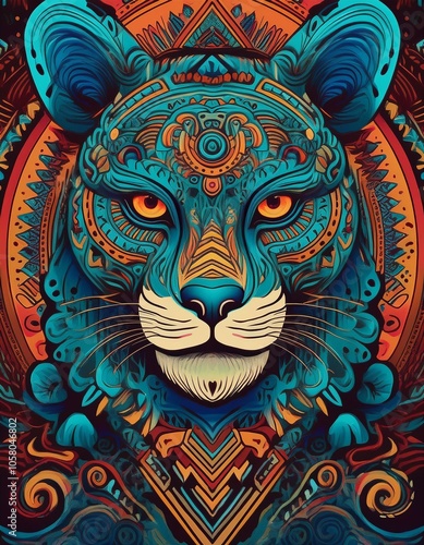 Intricate and colorful illustration of a panther's face, with a tribal design.