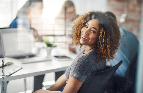 Glass, portrait and happy woman in meeting for planning, brainstorming and agenda in office. Face, collaboration or proud designer with smile for creative agency or discussion in startup workshop photo