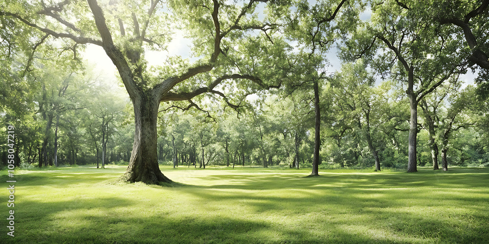 Sunlit Grove: Tranquil forest scene with lush green grass, majestic trees, and sunlight streaming through the leaves, creating a serene and peaceful atmosphere. Sunlit Grove: Tranquil forest scene with lush green grass, majestic trees, and sunlight streaming through the leaves, creating a serene and peaceful atmosphere.