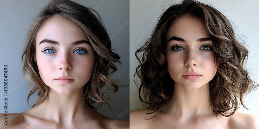 Before and After: A captivating before and after portrait showcasing the transformative power of makeup, highlighting a natural beauty enhanced by subtle artistry. Before and After: A captivating before and after portrait showcasing the transformative power of makeup, highlighting a natural beauty enhanced by subtle artistry.