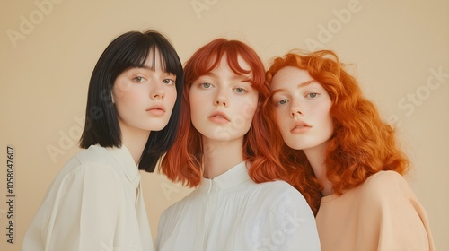 Three women with different shades of red and ginger hair wearing white outfits on beige background, natural beauty concept