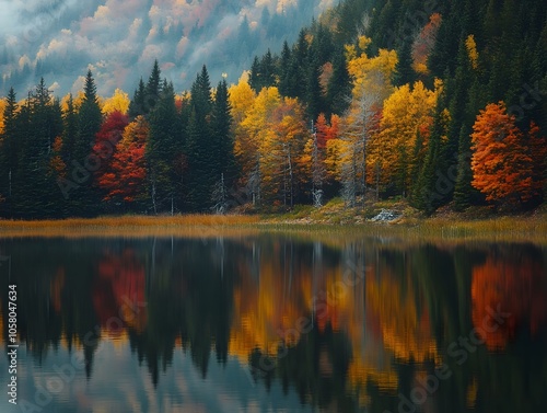 An autumnal lake as smooth as glass surrounded by colorful trees