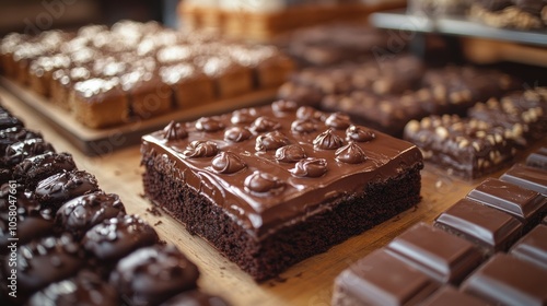 Large chocolate cake with rich icing and chocolate decorations, surrounded by rows of brownies and other chocolate desserts on display, ideal for dessert tables and celebrations