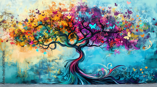 Vibrant graffiti mural with abstract tree and colorful branches blending nature and technology on urban wall. Graffiti Murals. Illustration