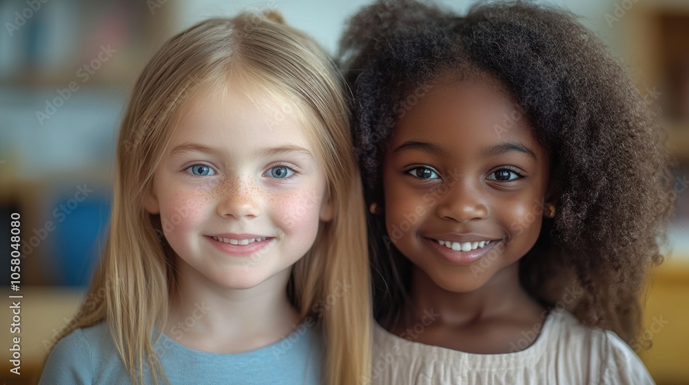 Two smiling girls close-up, diverse friendship, young children, happy kids, diverse friends, childhood happiness, friendship bond, smiles, youth, innocence, diverse cultures, cheerful Two smiling girls close-up, diverse friendship, young children, happy kids, diverse friends, childhood happiness, friendship bond, smiles, youth, innocence, diverse cultures, cheerful