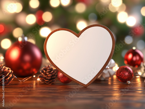 Heart shape blank board in a beautiful Christmas holiday background, Christmas decorations, generated ai photo