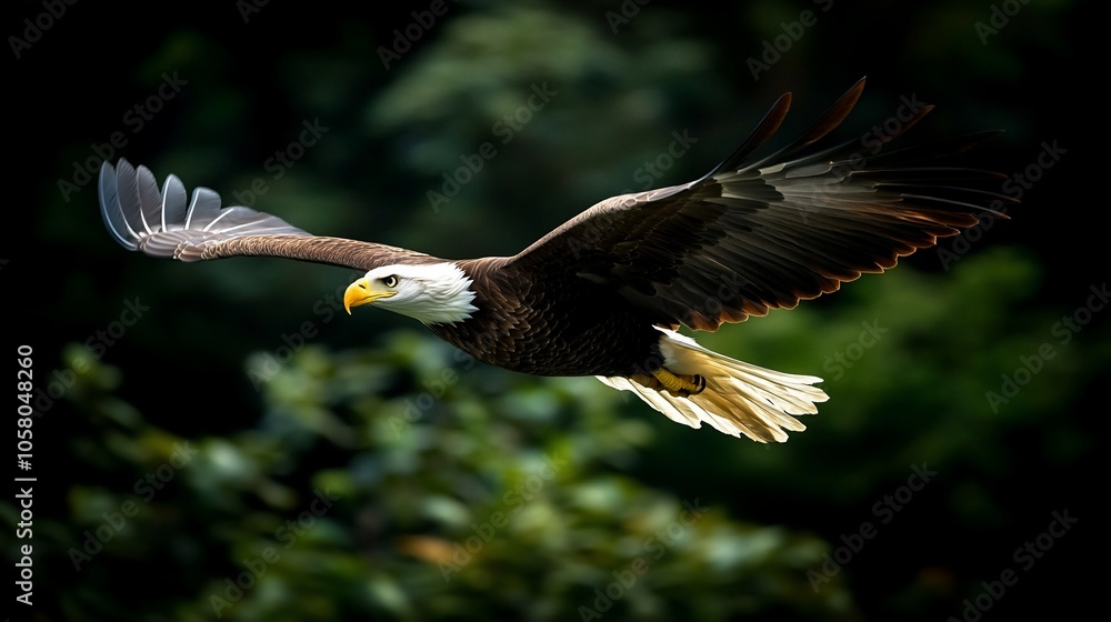 Fototapeta premium A bald eagle in flight, with its wings spread wide, against a background of green foliage.