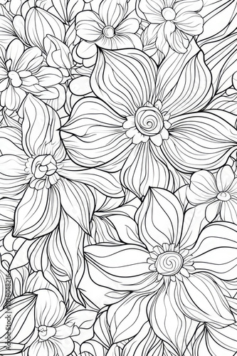 Wallpaper Mural A complex floral design filled with large, detailed blossoms interwoven with leaves. The image showcases intricate line work and attention to botanical details. Torontodigital.ca