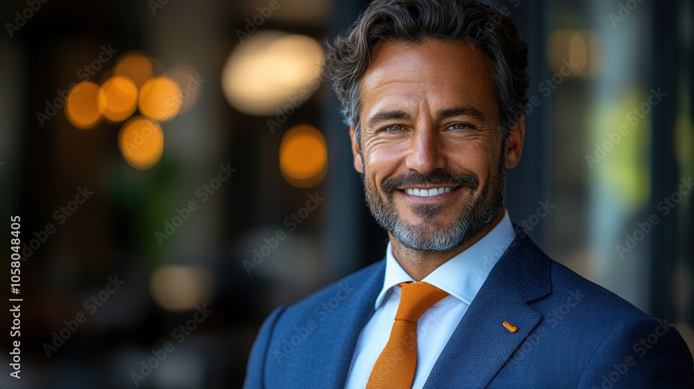Confident businessman in blue suit with orange tie, smiling at camera in modern office environment, corporate professional, successful executive, leadership, business career, workplace setting Confident businessman in blue suit with orange tie, smiling at camera in modern office environment, corporate professional, successful executive, leadership, business career, workplace setting