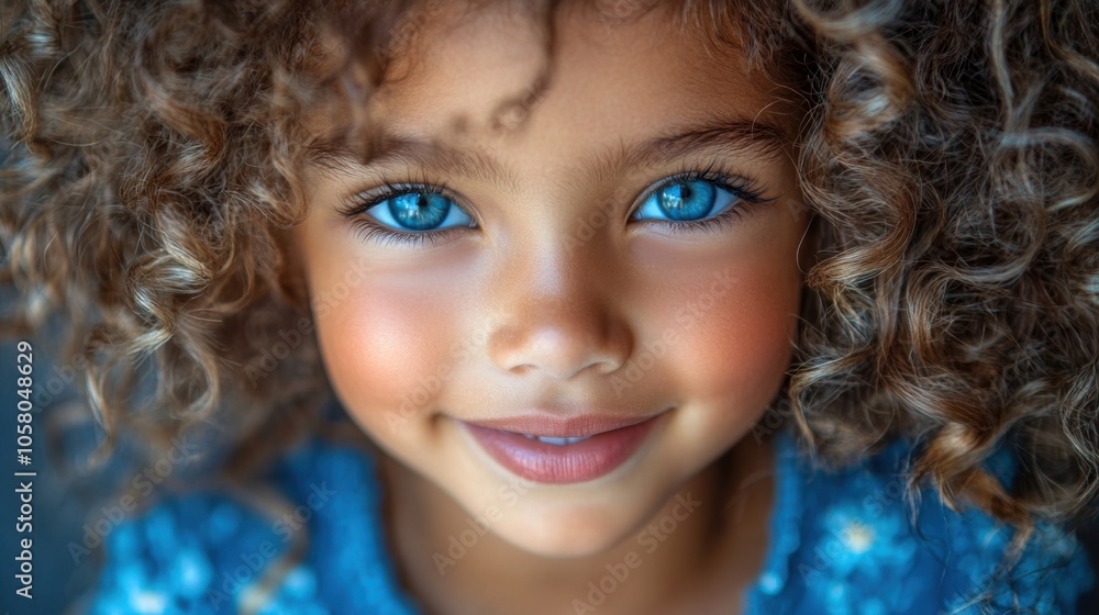 Close-up of a smiling young girl with curly hair and bright blue eyes, outdoors portrait, natural beauty, innocence, vibrant expression, joyful child face, happiness Close-up of a smiling young girl with curly hair and bright blue eyes, outdoors portrait, natural beauty, innocence, vibrant expression, joyful child face, happiness