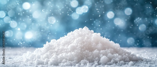 Magical winter scene with a snowfilled background, accented by soft blue bokeh, featuring a large pile of fluffy white snow at the bottom photo