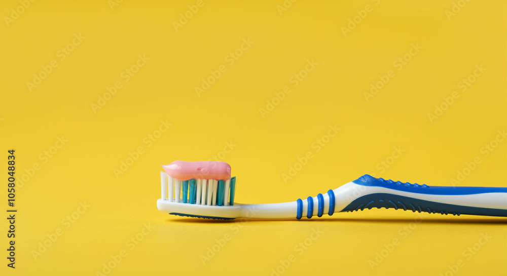 Toothbrush with toothpaste on yellow background showcasing dental hygiene and oral care Toothbrush with toothpaste on yellow background showcasing dental hygiene and oral care