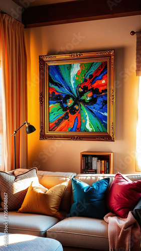Colorful abstract artwork displayed in a cozy living room with natural light