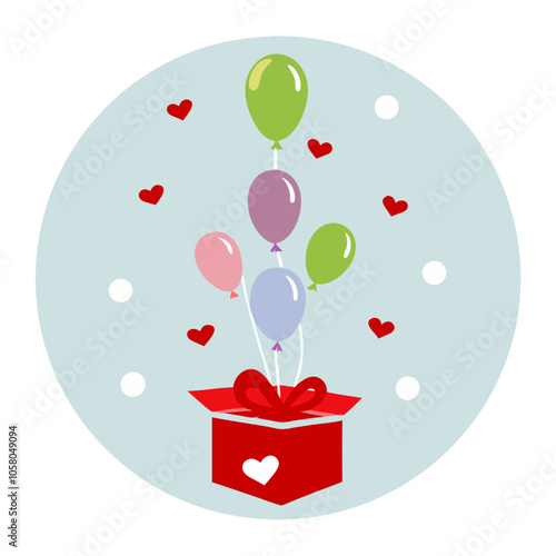 Surprise Gift Balloons: A delightful illustration featuring pastel balloons rising from a vibrant red gift box, encircled by charming hearts, perfect for celebrating special occasions.