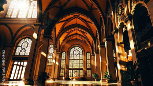 Sunlight filtering through ornate windows in a grand architectural interior