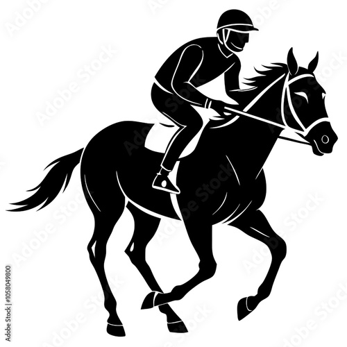 Jockey and Horse in Motion: A striking silhouette of a jockey riding a horse at full gallop, capturing the power and elegance of equestrian sports.  