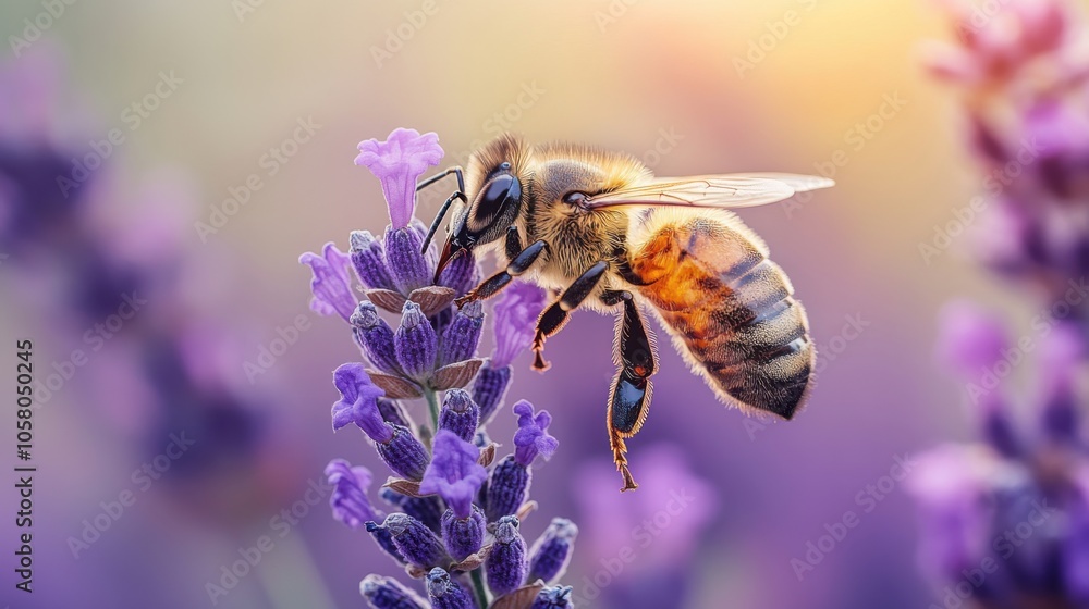 Bee gathering nectar on lavender, close-up macro shot, beautiful purple petals, detailed wings, pollination, summer garden scene, delicate and natural beauty Bee gathering nectar on lavender, close-up macro shot, beautiful purple petals, detailed wings, pollination, summer garden scene, delicate and natural beauty