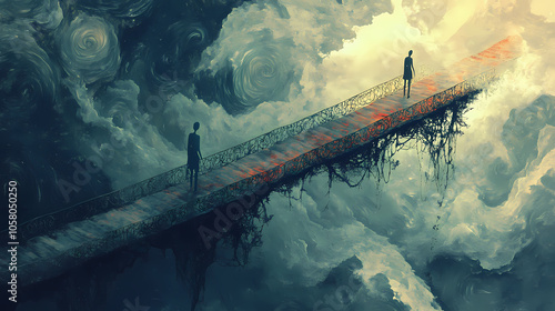 Surrealist painting of lone figure on intricate mazelike bridge swirling dreamscape background muted color palette evoking sense of isolation and journey. Surrealist Dreamscape. Illustration photo