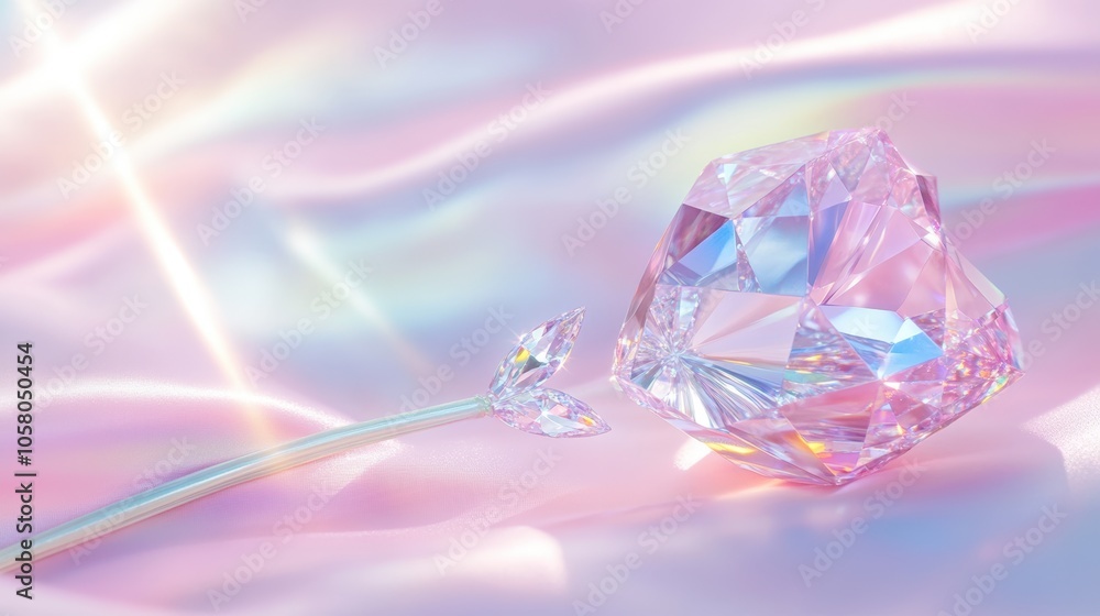 Iridescent crystal heart on pastel silk background Iridescent crystal heart on pastel silk background