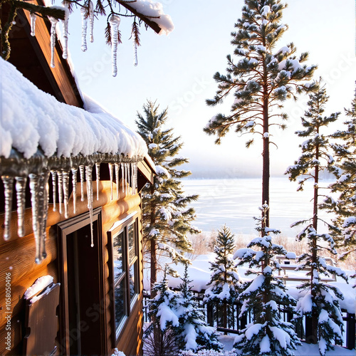 Winter view of a cozy cabin nestled in snow-covered pine trees by a lake