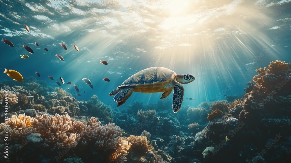 Fototapeta premium A majestic sea turtle gliding through a vibrant coral reef with sunlight filtering through the water.
