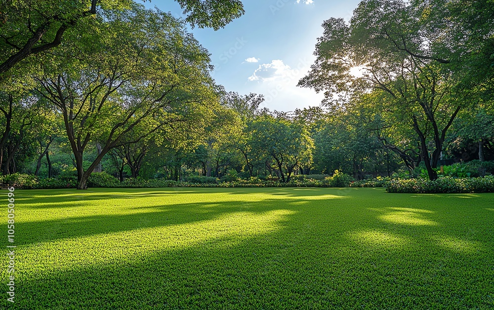 Beautiful blurred background of lush greenery and trees in a park on a sunny day, featuring soft bokeh effects and ample copy space in a panoramic view Beautiful blurred background of lush greenery and trees in a park on a sunny day, featuring soft bokeh effects and ample copy space in a panoramic view